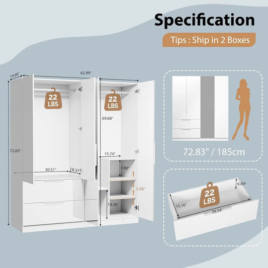 4 Door Wardrobe Closet with Mirror Doors and Drawers
