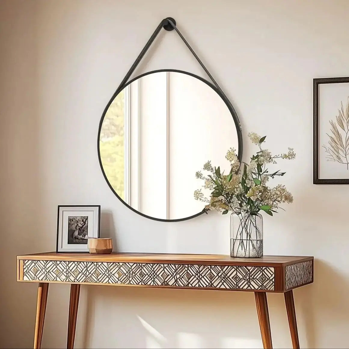 Round Wall Mirror with Brushed Aluminum Frame and Leather Strap - 60/70/80cm