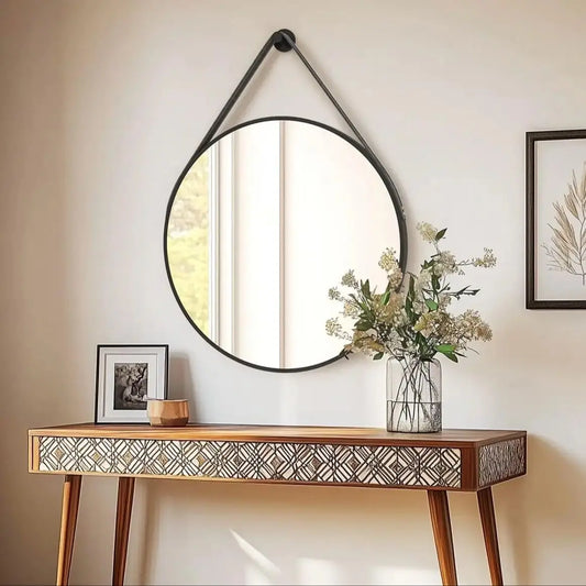 Round Wall Mirror with Brushed Aluminum Frame and Leather Strap - 60/70/80cm