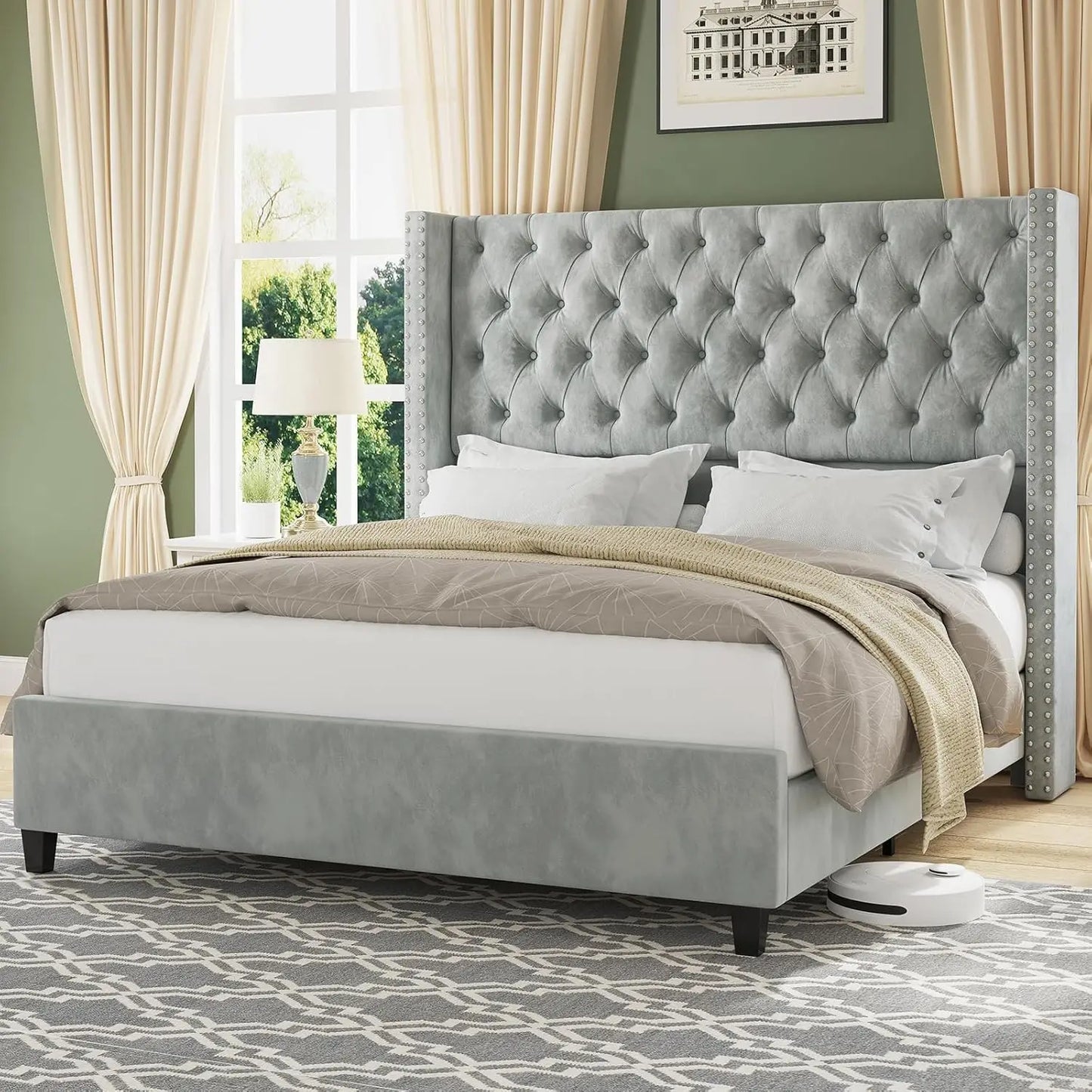 Queen Size Platform Bed Frame with Upholstered Headboard
