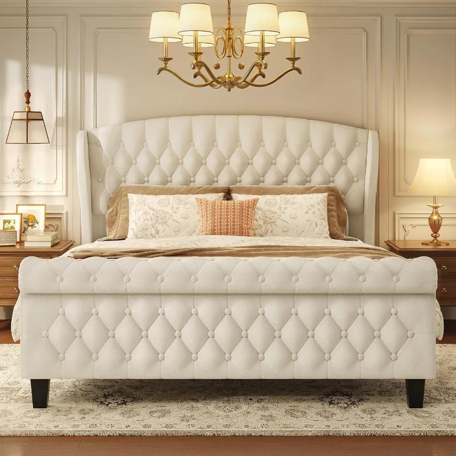 Queen Size Velvet Upholstered Sleigh Bed with Wingback Headboard