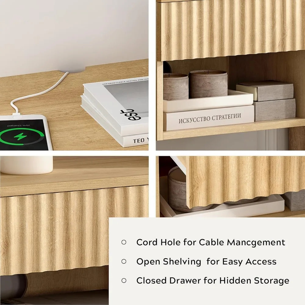 Floating TV Stands with Drawer and Open Shelf, Small Wall Mounted Bedside End Table, Modern Fluted Night Stand for Bedroom