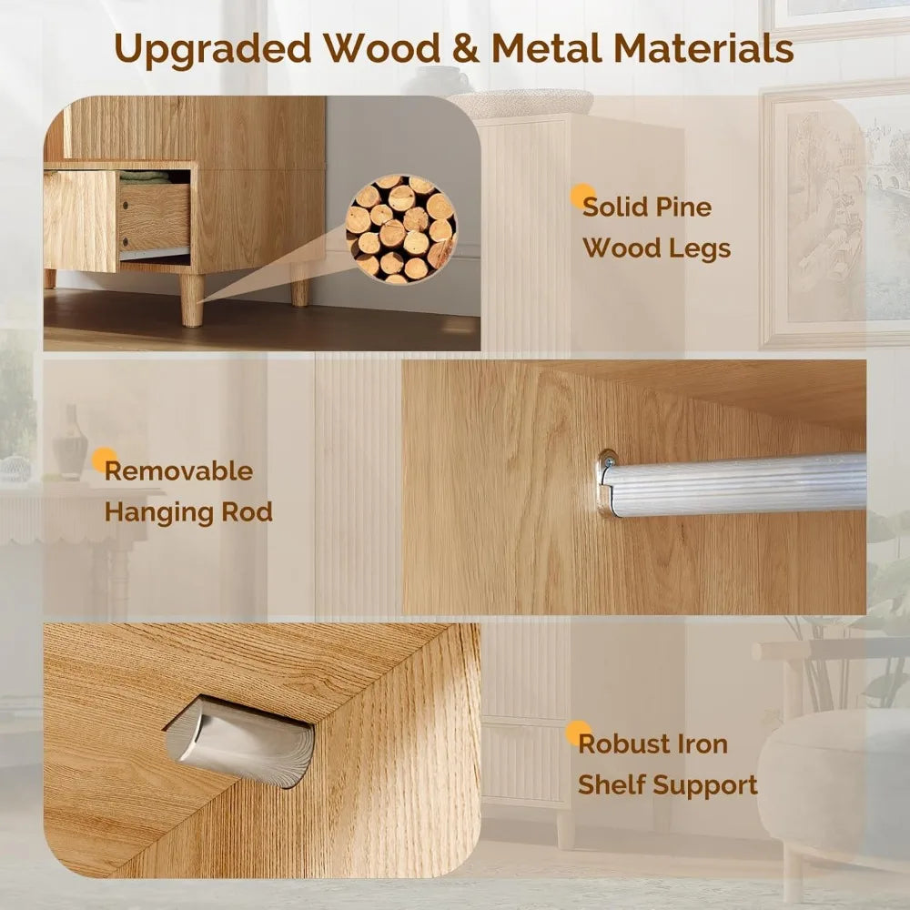 Oak Wooden Wardrobe with Doors, Drawers, and Hanging Rack for Bedroom Closet Storage