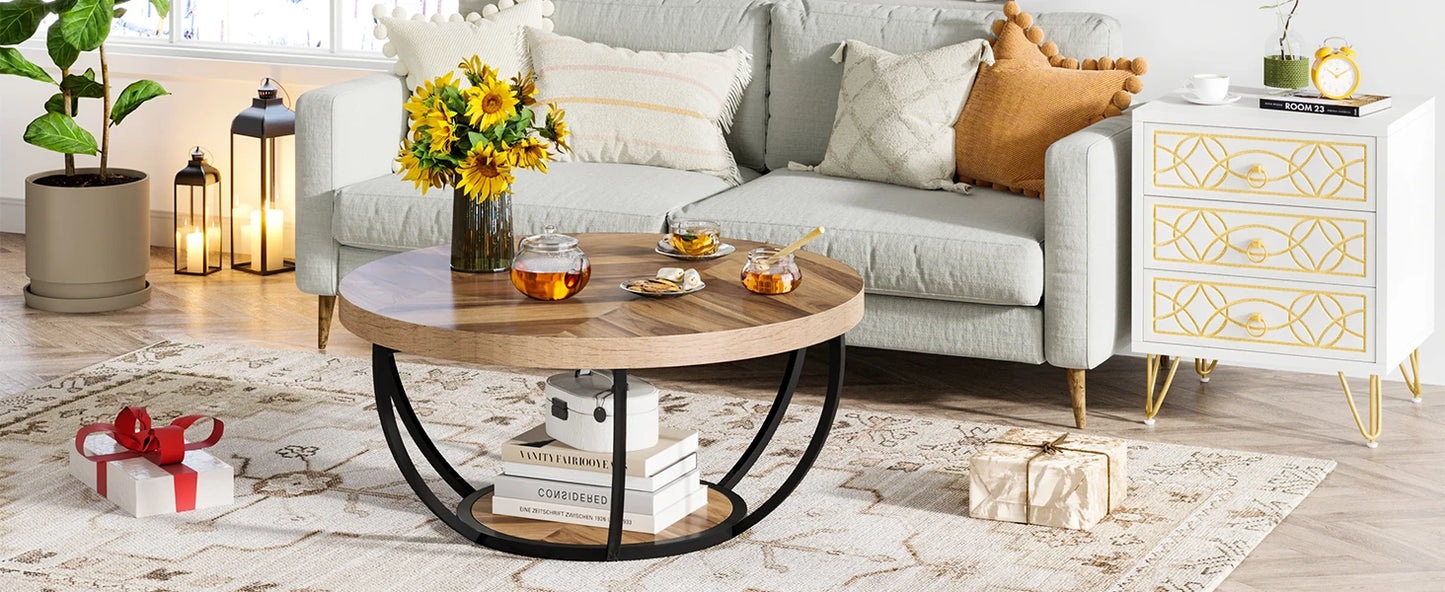 Round Coffee Table with Storage Shelves - 31.7" Industrial 2-Tier Circle Table