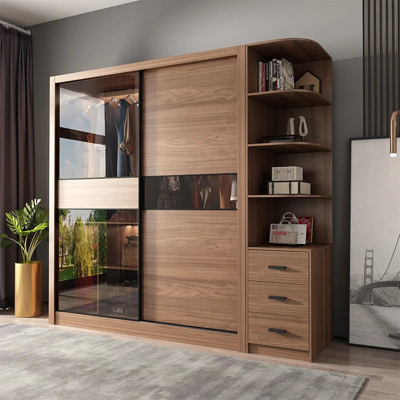 Nordic Wardrobe Bedroom Simple Glass Sliding Door Walnut Color Cabinet Sliding Door Wardrobe