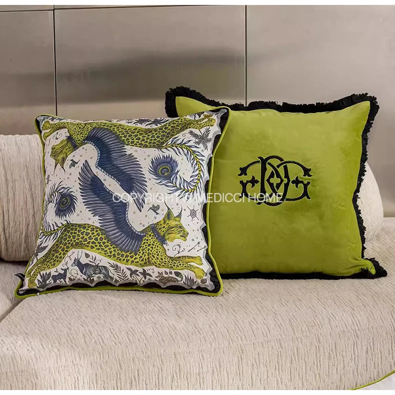 Medicci Home Luxury Monogrammed Lumbar Cushion Cover Green Brush Fringe Monogram Accent Throw Pillow Case Personalized Gifts