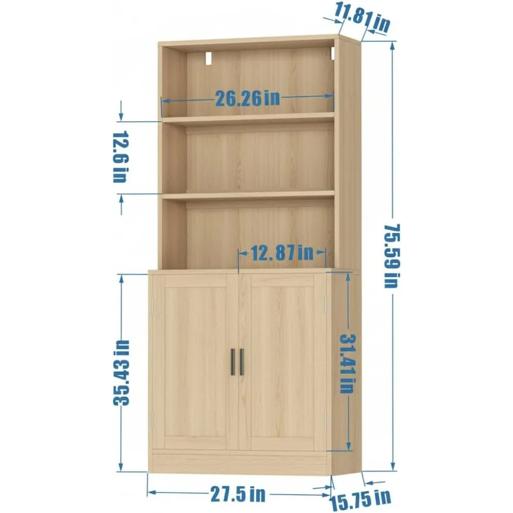 5-Tier Tall Bookcase with Doors - Wood Display Shelf, 75"