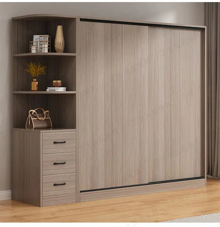 Wooden Wardrobe with Hanging Rod and Storage Shelves