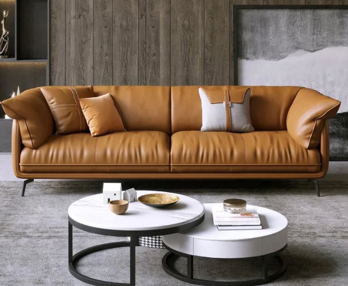Curved Leather Sofa – Contemporary Upholstered Seating with Metal Legs