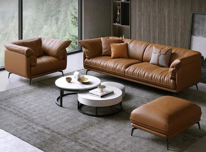 Curved Leather Sofa – Contemporary Upholstered Seating with Metal Legs