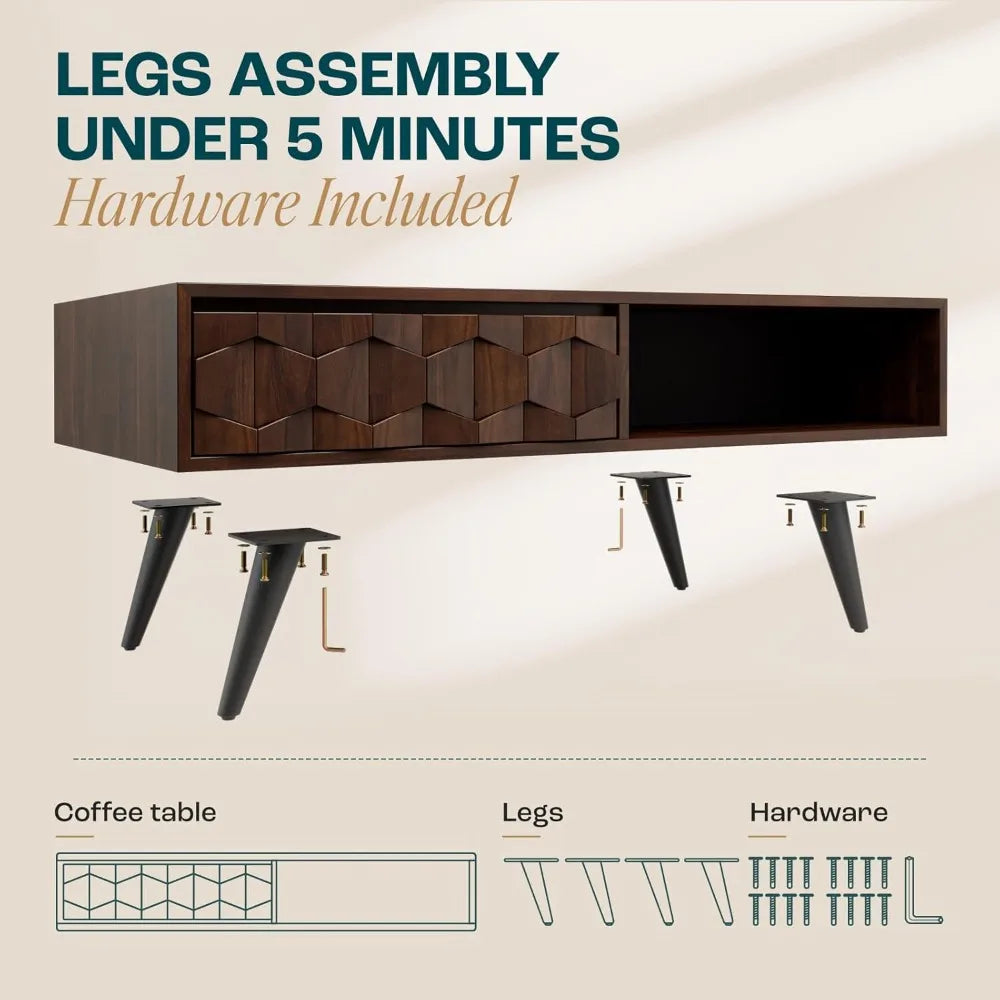 georgina solid wood coffee tables for living room, coffee table mid century modern with 2 symmetrical storage drawers & geometr