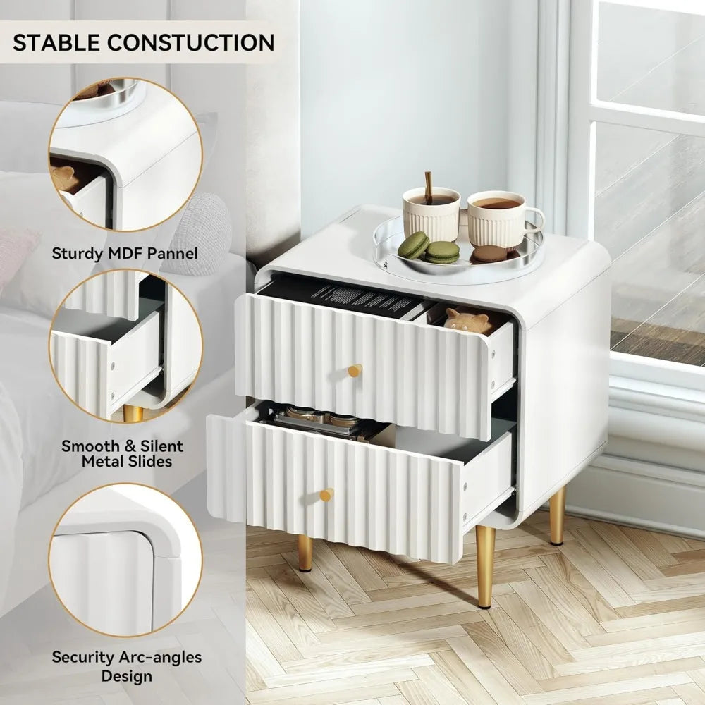 Modern Nightstand Set of 2, Fluted Bed Side Table with 2 Drawers Storage, Wood End Table with Gold Metal Handle, White Night St