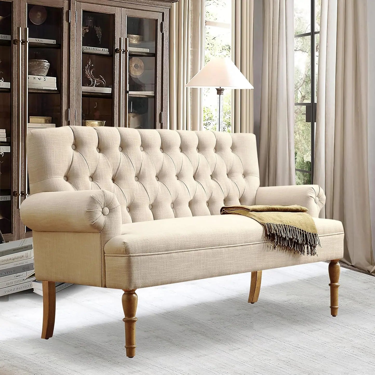 Loveseat Sofa 59": Button Tufted Linen with Rolled Arms & Gold Legs