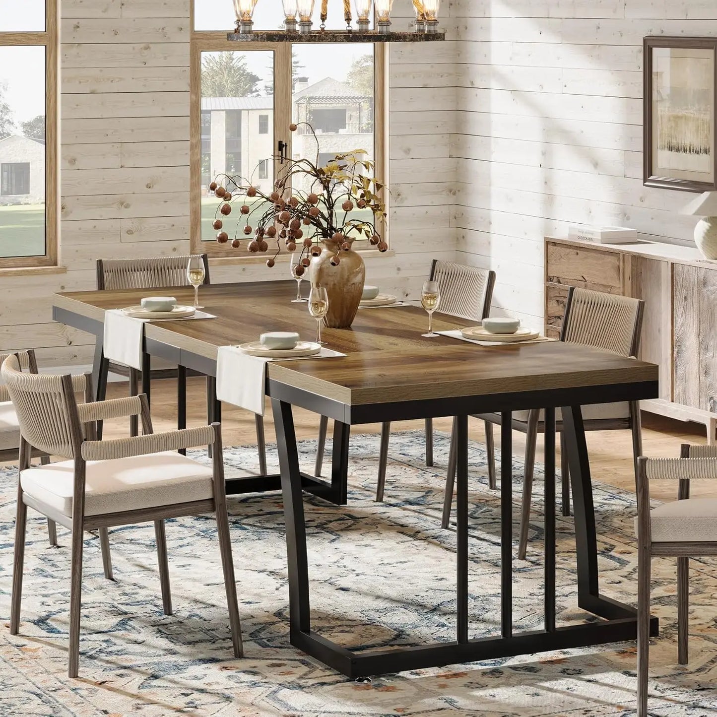 63 Farmhouse Dining Table, Large Kitchen Table for 4-6 People, Rectangular Kitchen & Dining Room Furniture with Thick