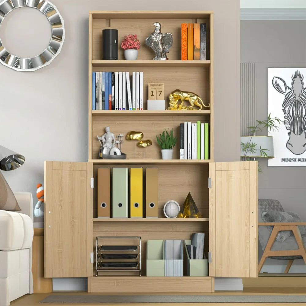 5-Tier Tall Bookcase with Doors - Wood Display Shelf, 75"