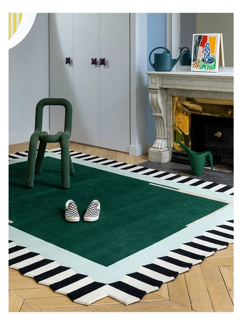 Geometric Colour Block Area Rug - Black and White Striped Border - Multiple Colours