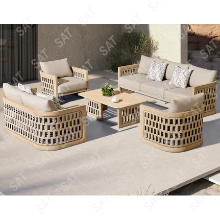 Hot Sales Outdoor Luxury Terrace Set Rope Weave Natural Teak Wood Sofa With Combination Of Strapping Patio Garden And Cushion V