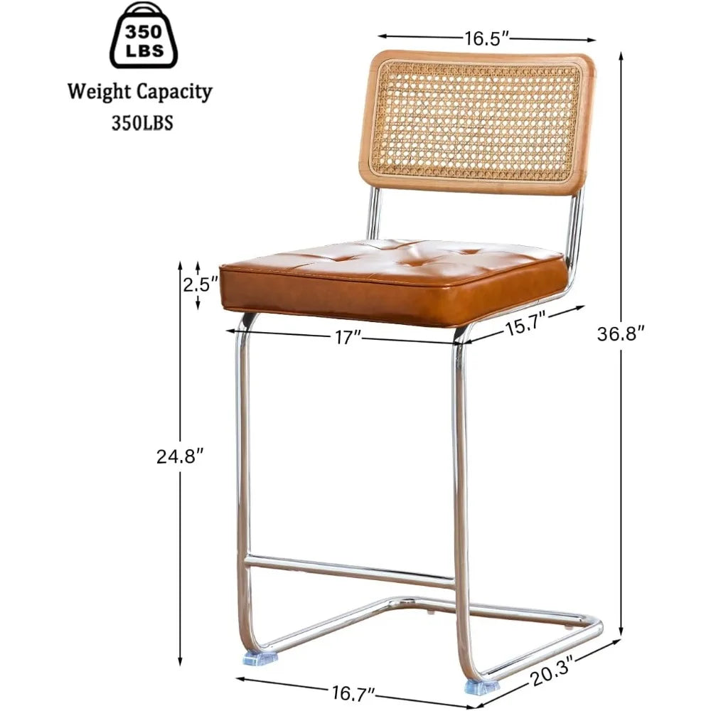 Natural Rattan Bar Stools Set of 2 - 24 Inch Counter Height with Solid Wood Backrest and Brown Faux Leather Seat