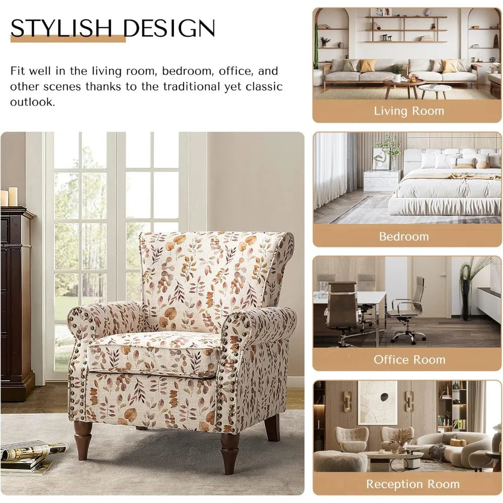 Elegant Wingback Accent Chair, with Wood Legs and Removable Cushion