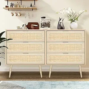 QHITTY Drawer Dresser Set of 2, Rattan Chest of Drawers with 3 Drawers Dresser, Accent Storage Cabinet Modern Bedside Table for