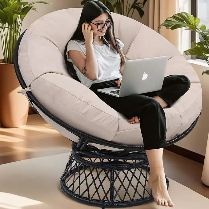 Oversized Rattan Papasan Chair with Cushions - 46" Swivel Adult Chair with Gray Frame and Black Cushions