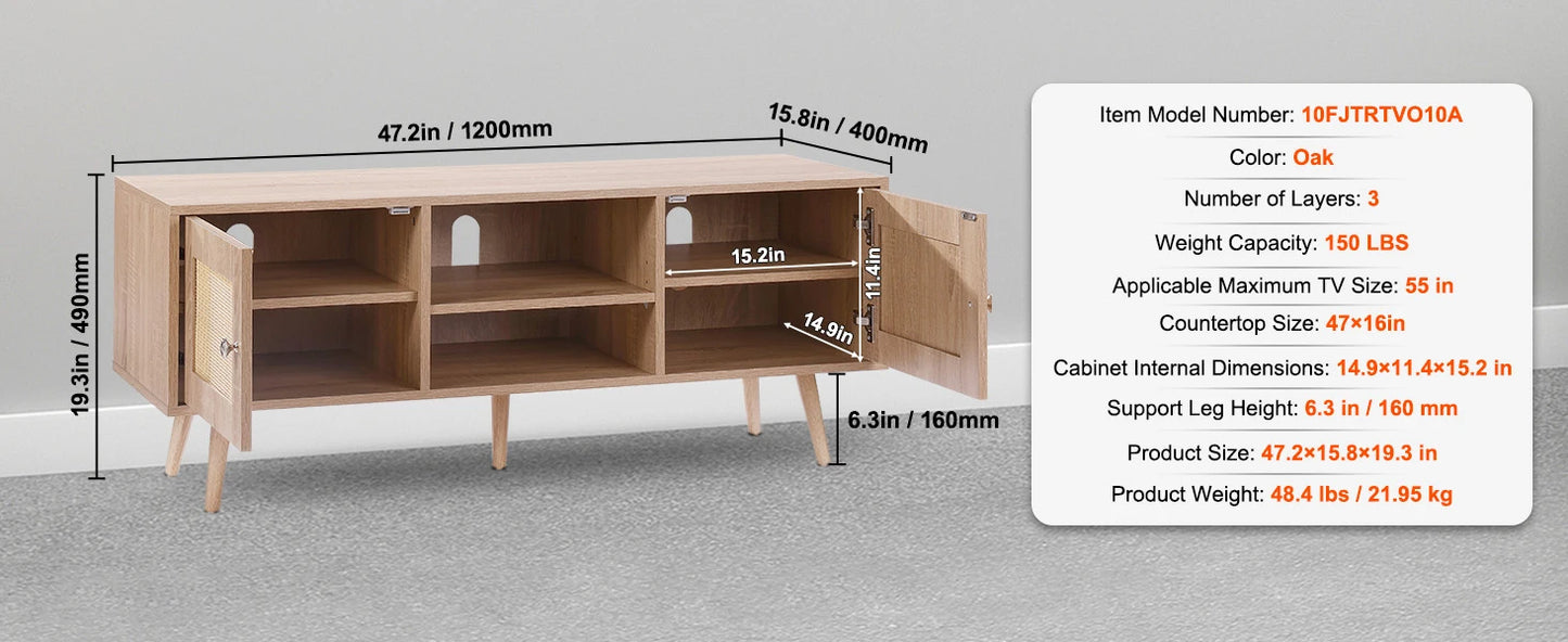 Rattan TV Stand Mid Century Modern TV Stand with Build-in Socket USB Ports Adjustable Shelfs for Living Room Media Room