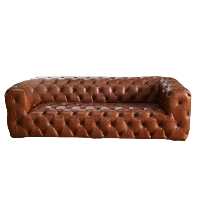 Custom Made Retro Vintage Tan Leather Classic Chesterfield Sofa Fully Tufted Buttons 3 Seat Living Room Hotel Lobby Sofa Club
