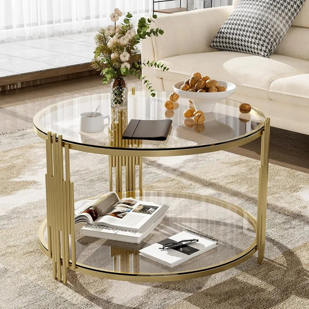31.5" Modern Round Glass Coffee Table, Glass Side Table End Table with Circular Metal Drum Base, Tea Table with Gold Finish & Lo