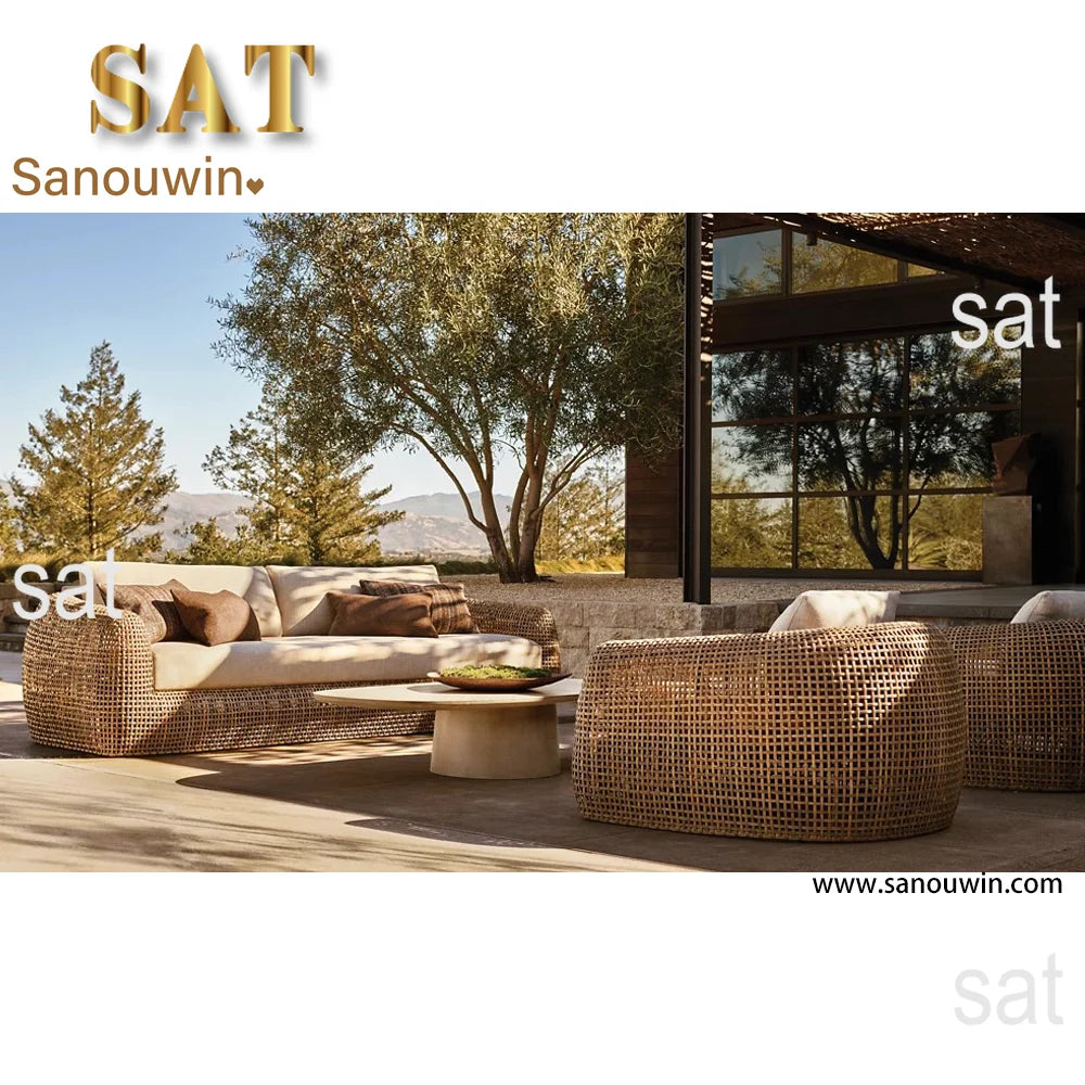 Hot Sales Modern PE Rattan Single Sofa Set High-End Outdoor Furniture With Natural Wood Look Wicker Teak Fabric Materials For D