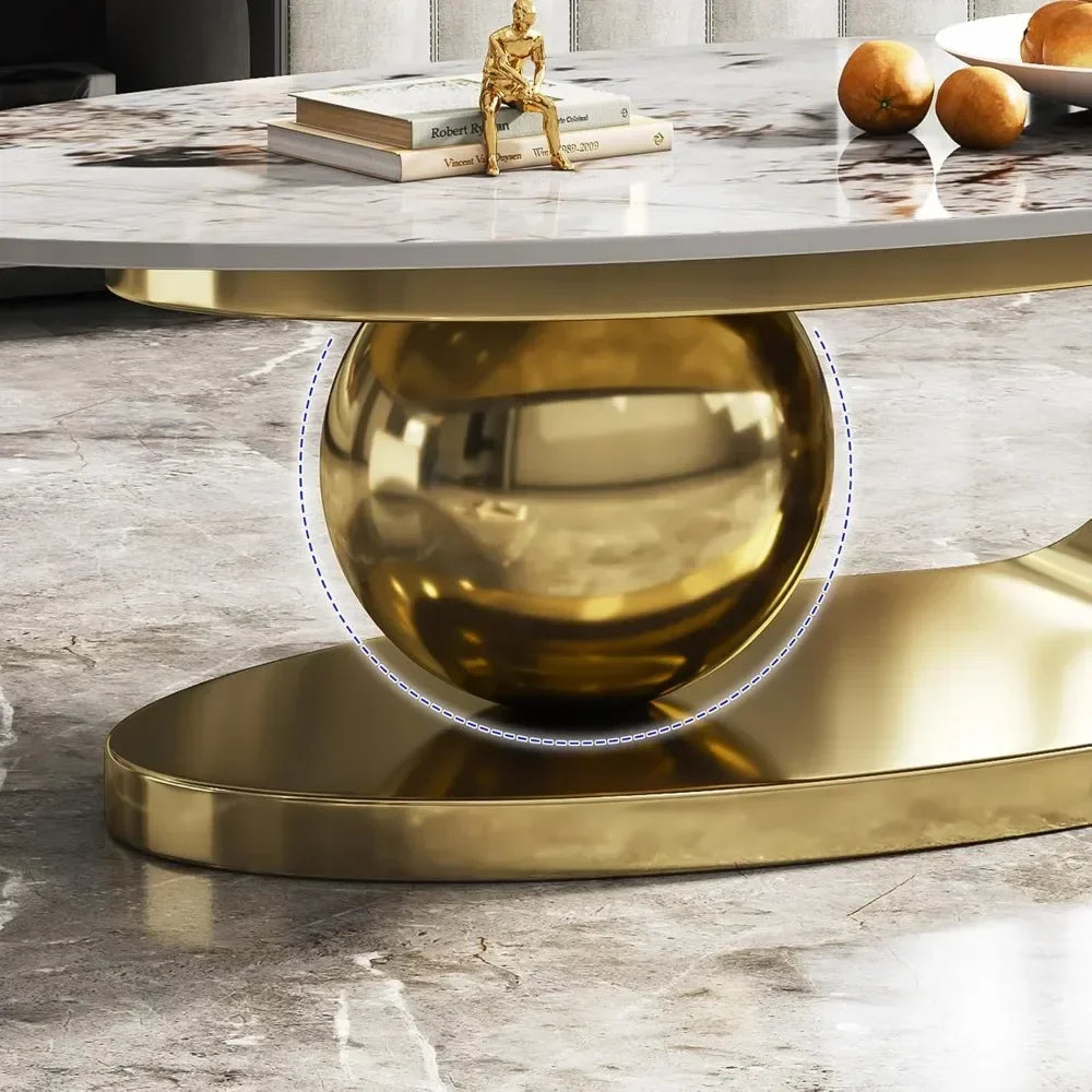 Modern Oval Stone Coffee Table with Abstract Gold Metal Base - Perfect  for Stylish Living Rooms-Gold,51"Lx28Wx16.5H
