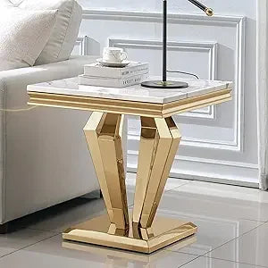 Square End Table, 22.8" Modern White Faux Marble Side Table, Nightstand Bedside Table Small Accent Table with Golden Mirrored Fi