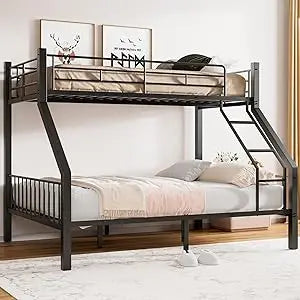 Metal Bunk Bed Frame - Twin XL Over Queen with Safety Ladder and Guardrails
