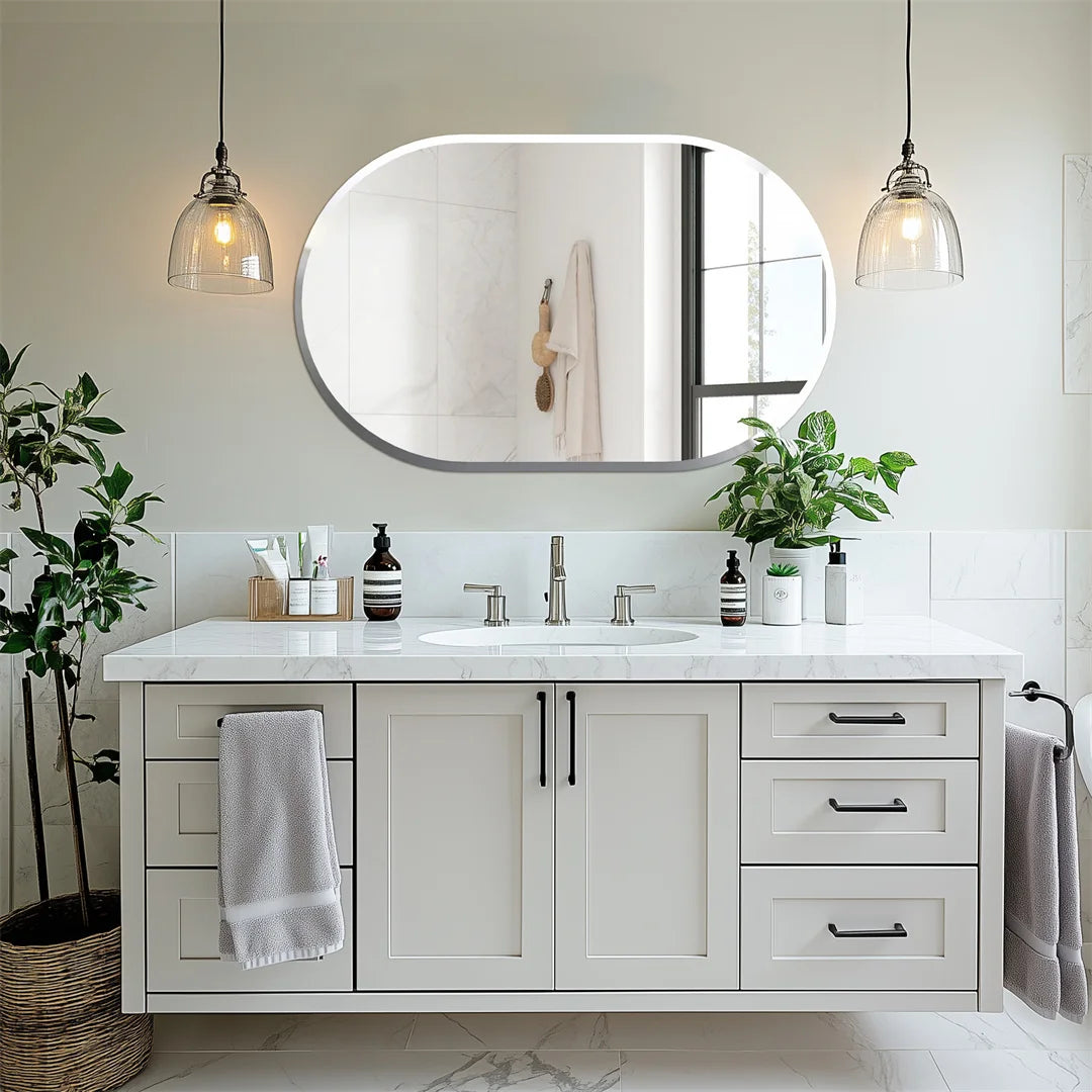 Frameless Long Oval Bathroom Vanity Mirror Silver Glass Wall Decor Mirror with Beveled Edge for Bathroom Entryway