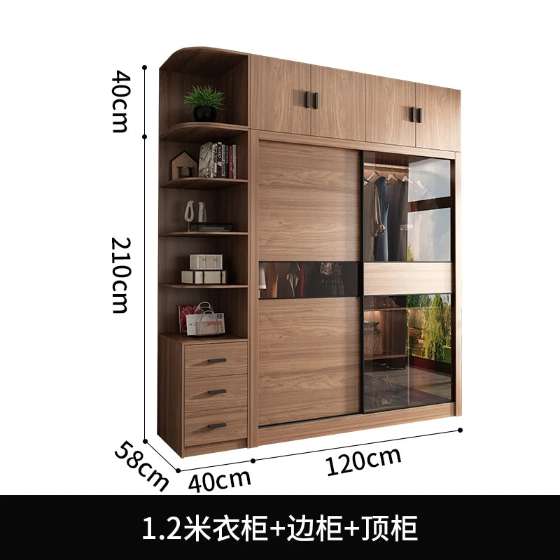 Nordic Wardrobe Bedroom Simple Glass Sliding Door Walnut Color Cabinet Sliding Door Wardrobe