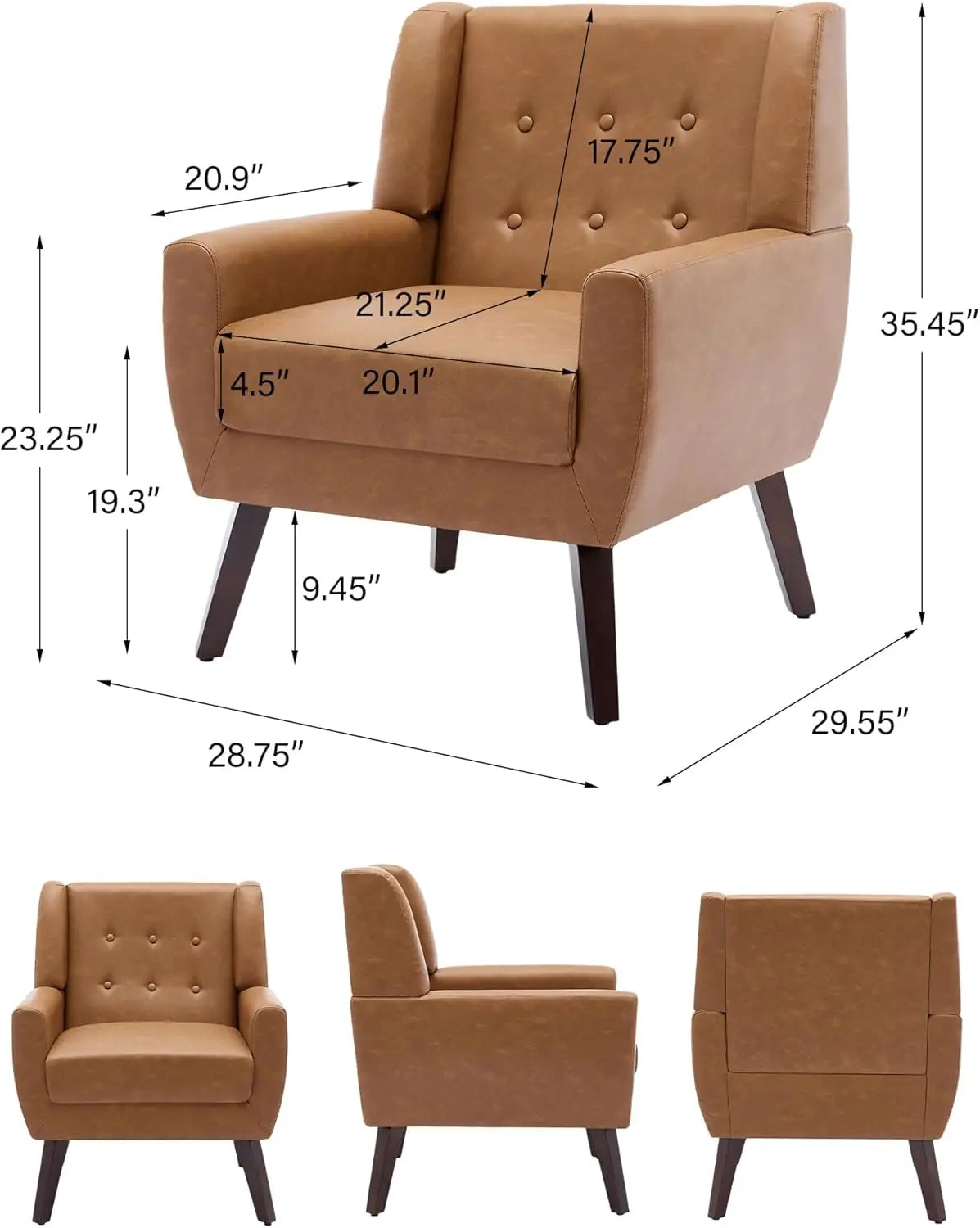 Mid-Century Modern PU Leather Armchair, Brown Solid Wood Frame Club Chair for Living Room, Bedroom, Waiting Room (Set of 1)