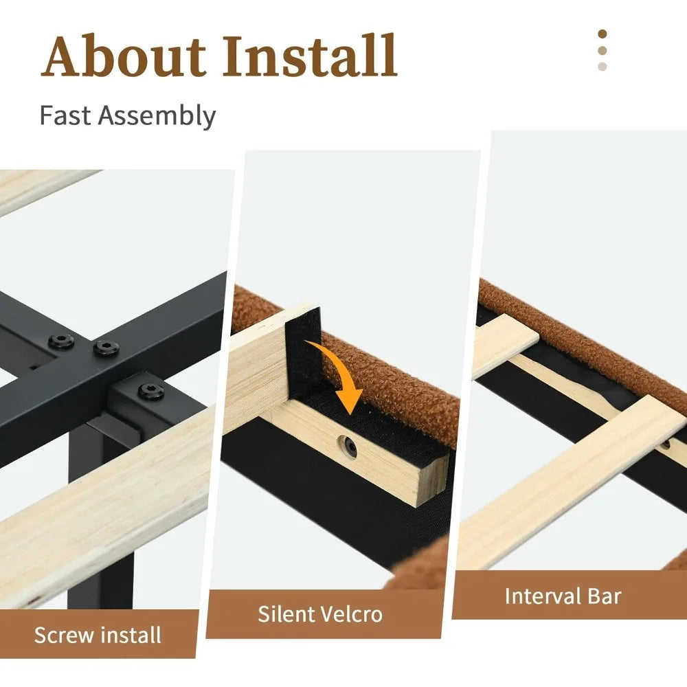 Single Bed Frame with Upholstered Headboard, Teddy Soft Boucle Fabric, Platform Bed with Strong Wooden Slats Support, Tw