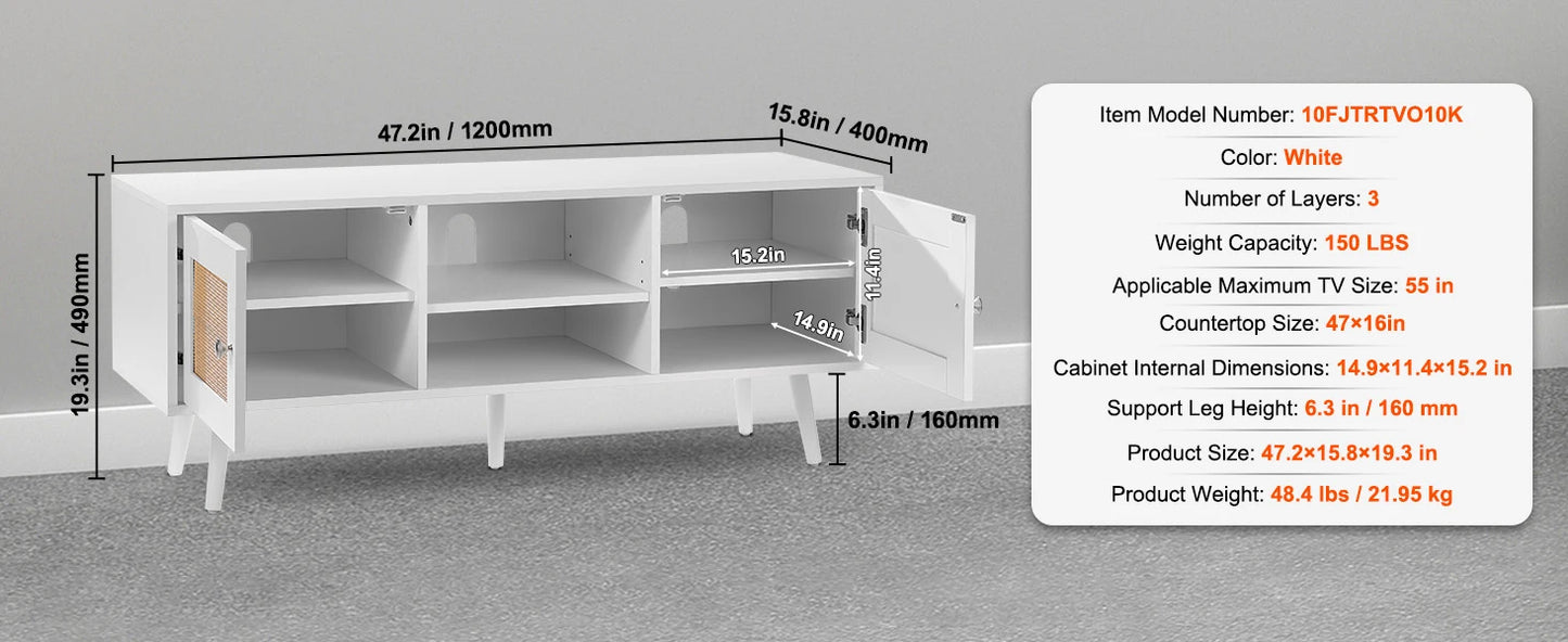 Rattan TV Stand Mid Century Modern TV Stand with Build-in Socket USB Ports Adjustable Shelfs for Living Room Media Room