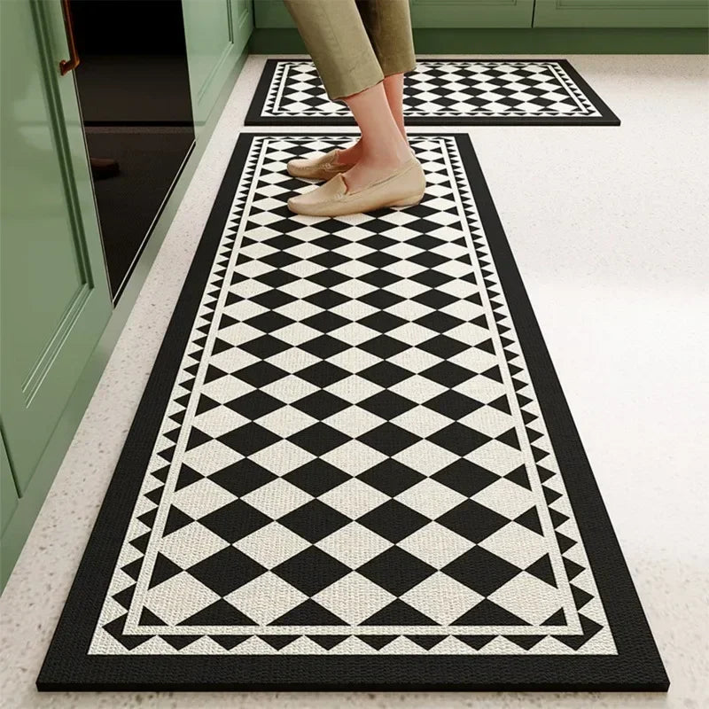 Mat for Kitchen Carpet Waterproof PVC Long Floor Mats Leather Oil Proof Anti-slip Carpets Black White Plaid Home Decoration Rug