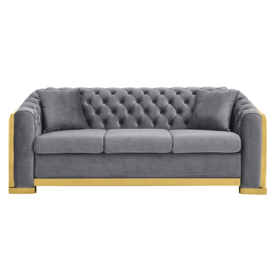 Velvet Luxury Chesterfield Sofa Set 84 Inches Tufted 3 Seat Couch with Gold Stainless for Living Room Grey Fabric