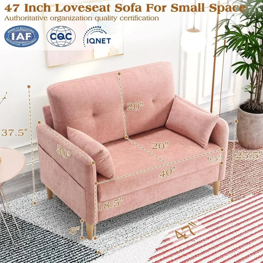 47” Small Couch for Living Room, Chenille Fabric Love Seat Comfy Sofa for Bedroom with Throw Pillow  Loveseat Sofa