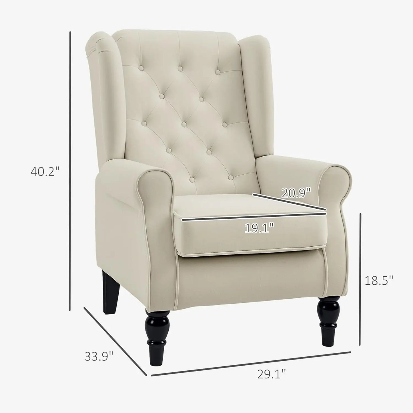 Mid-Century Modern Wingback Accent Chair, Button-Tufted Cream White Armchair with Wood Legs