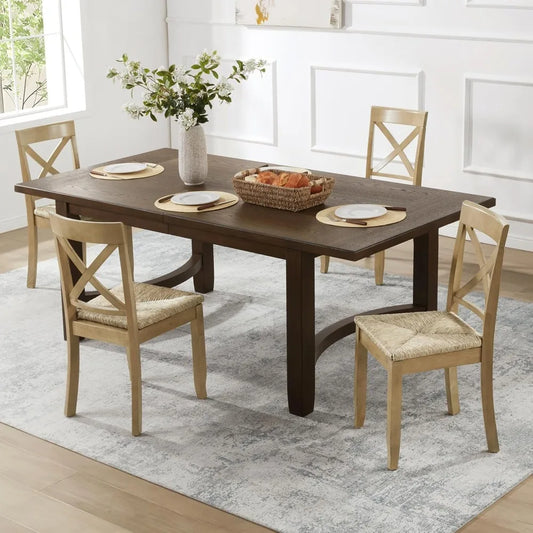 Wooden Rattan Dining Chairs Set of 4, Farmhouse Cane Chairs with Natural Weave Seagrass Rope Seat, Armless Rattan Accent Chairs