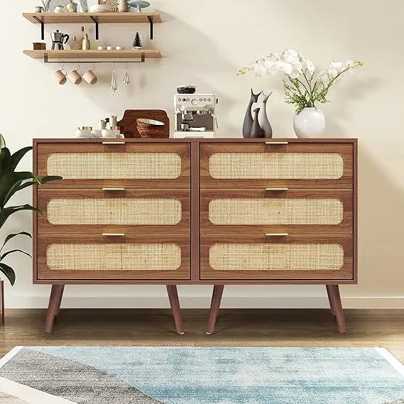 QHITTY Drawer Dresser Set of 2, Rattan Chest of Drawers with 3 Drawers Dresser, Accent Storage Cabinet Modern Bedside Table for