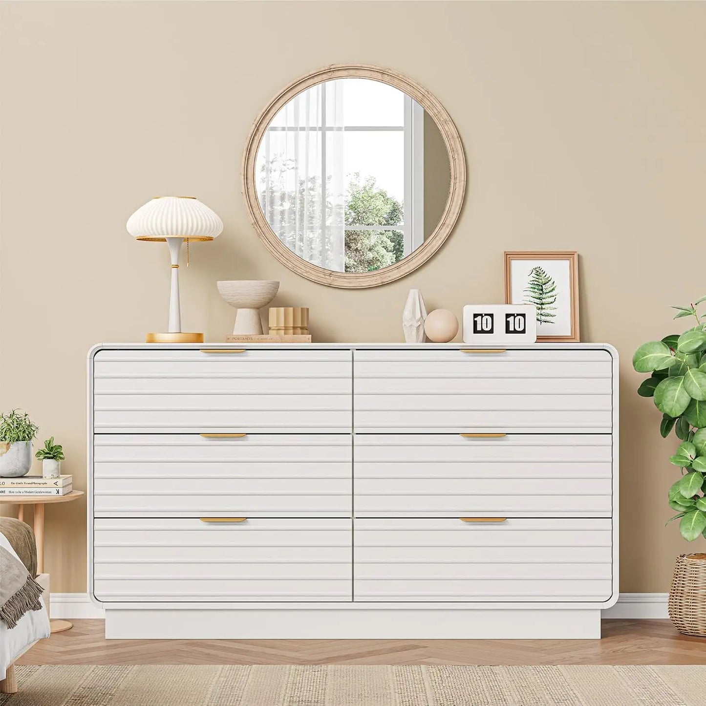 IRONCK Fluted 6 Drawer Dresser for Bedroom,54" Wide Modern Dresser Drawers, Wooden White Dressers with Metal Handle for Bedroom