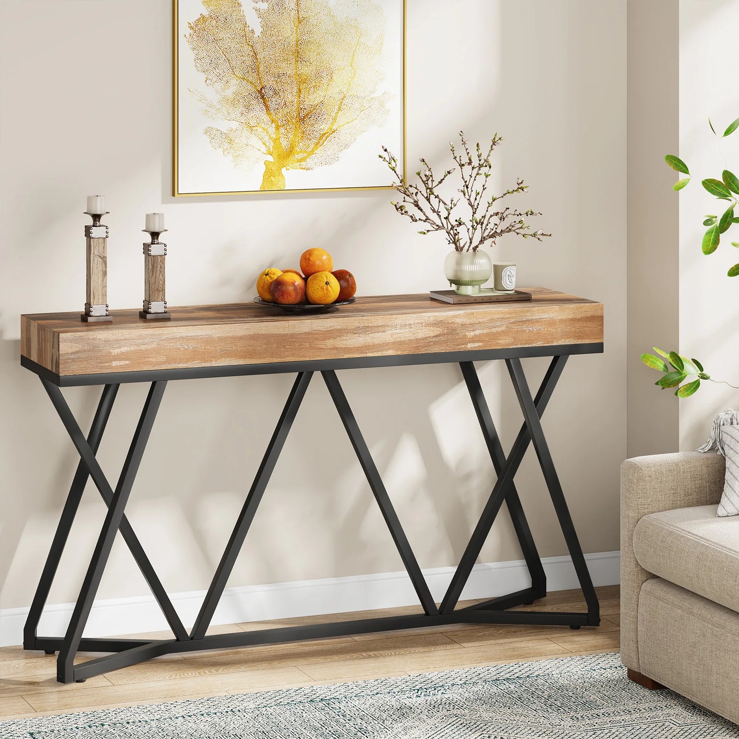 Tribesigns 55 Inches Console Table, Sofa Table Wood Entryway Table with Unique Metal Base
