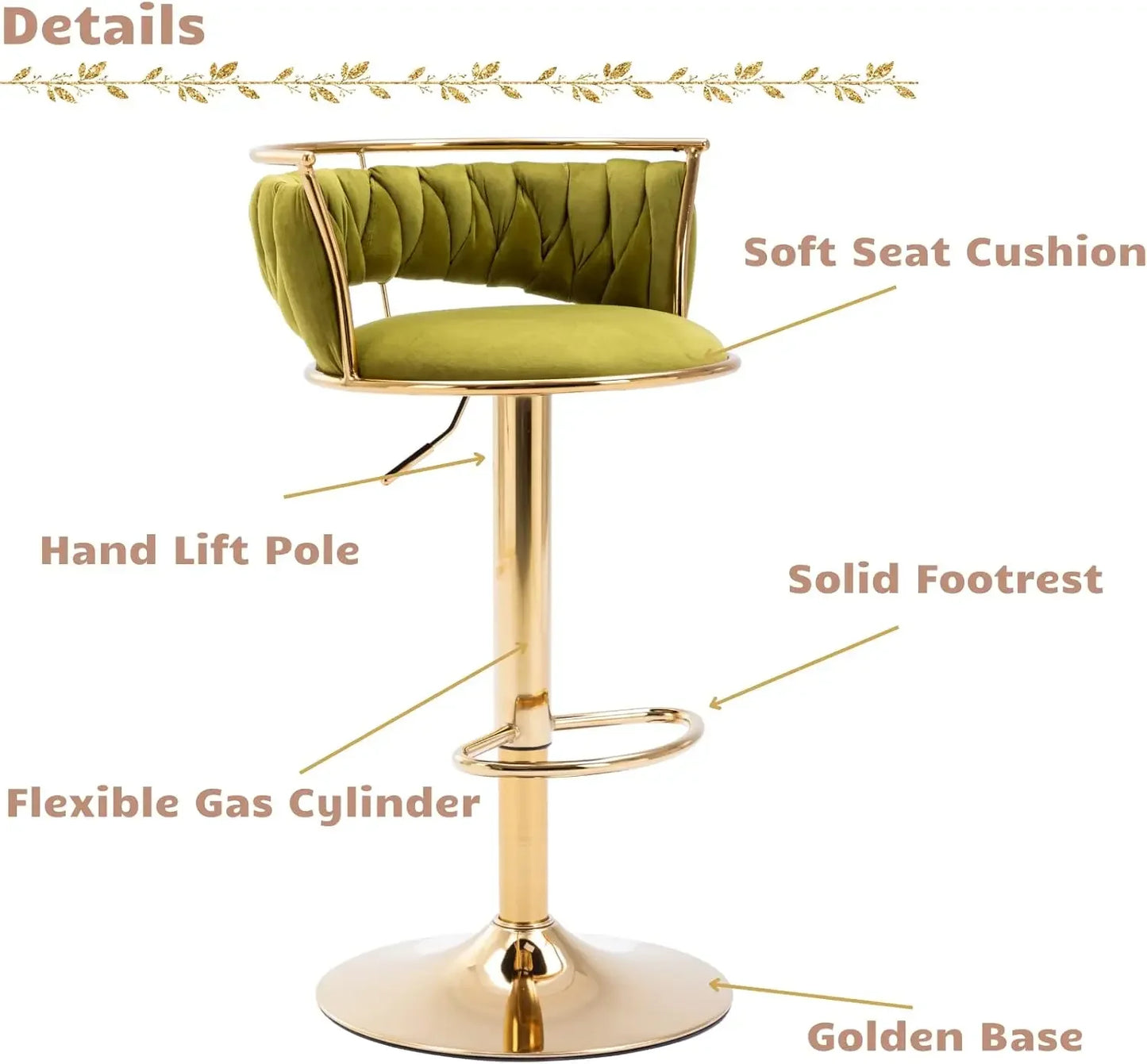 Woven Bar Stools Set of 2, Adjustable Counter Height Velvet Swivel Kitchen Stools with Back, Green