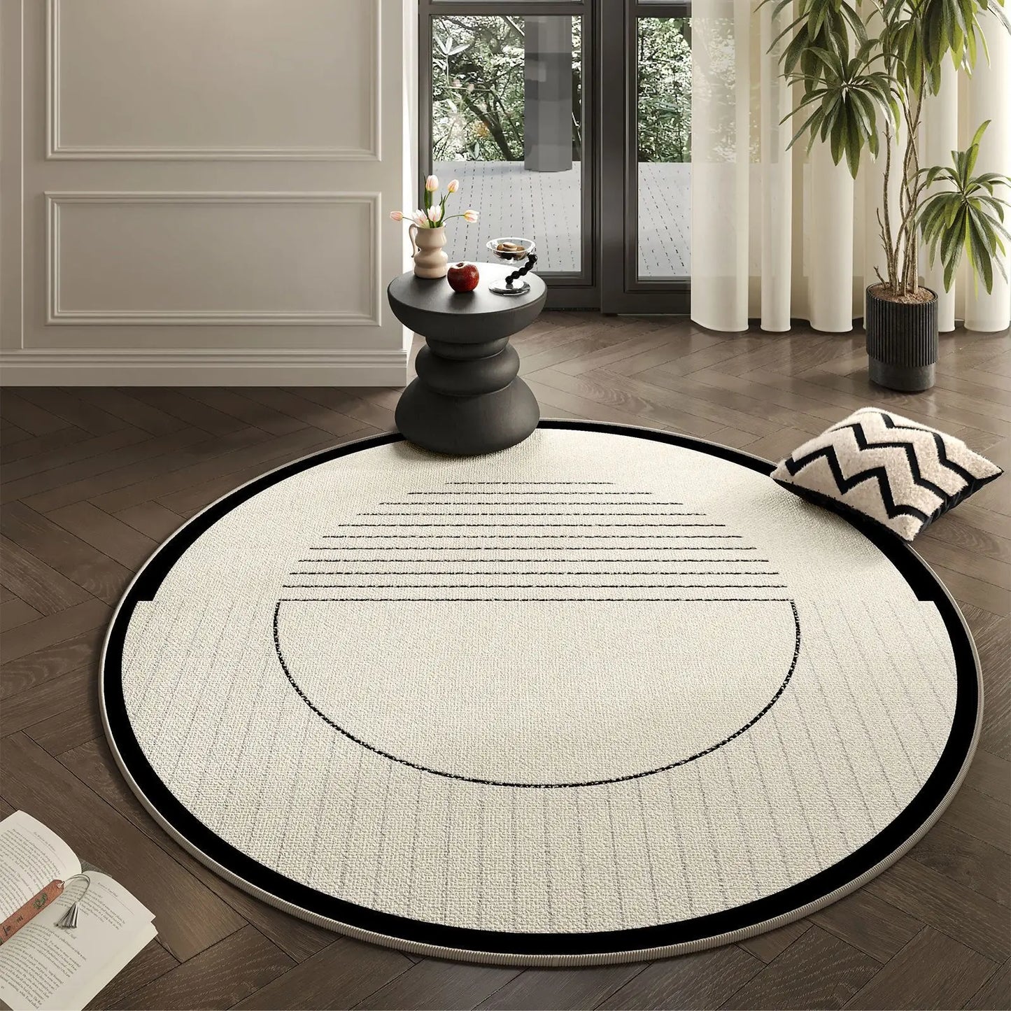Minimalist Round Rug - Modern Geometric Black Border Carpet