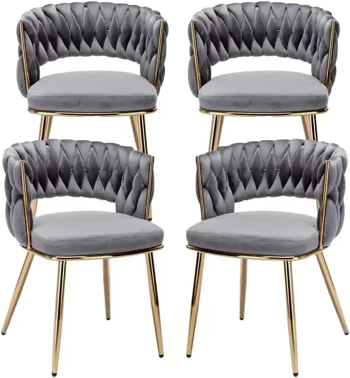 Velvet Dining Chair Set of 4, Gold Modern Dining Chairs with Metal Legs, Woven Upholstered Dining Chairs