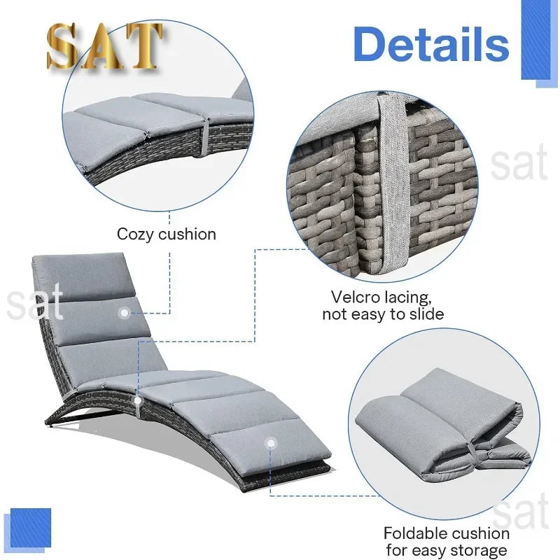 t Patio Chaise Lounge, Outdoor Lounge Chair, PE Rattan Foldable Chaise Lounger with Removable Dark Gray Cushion, Suitable