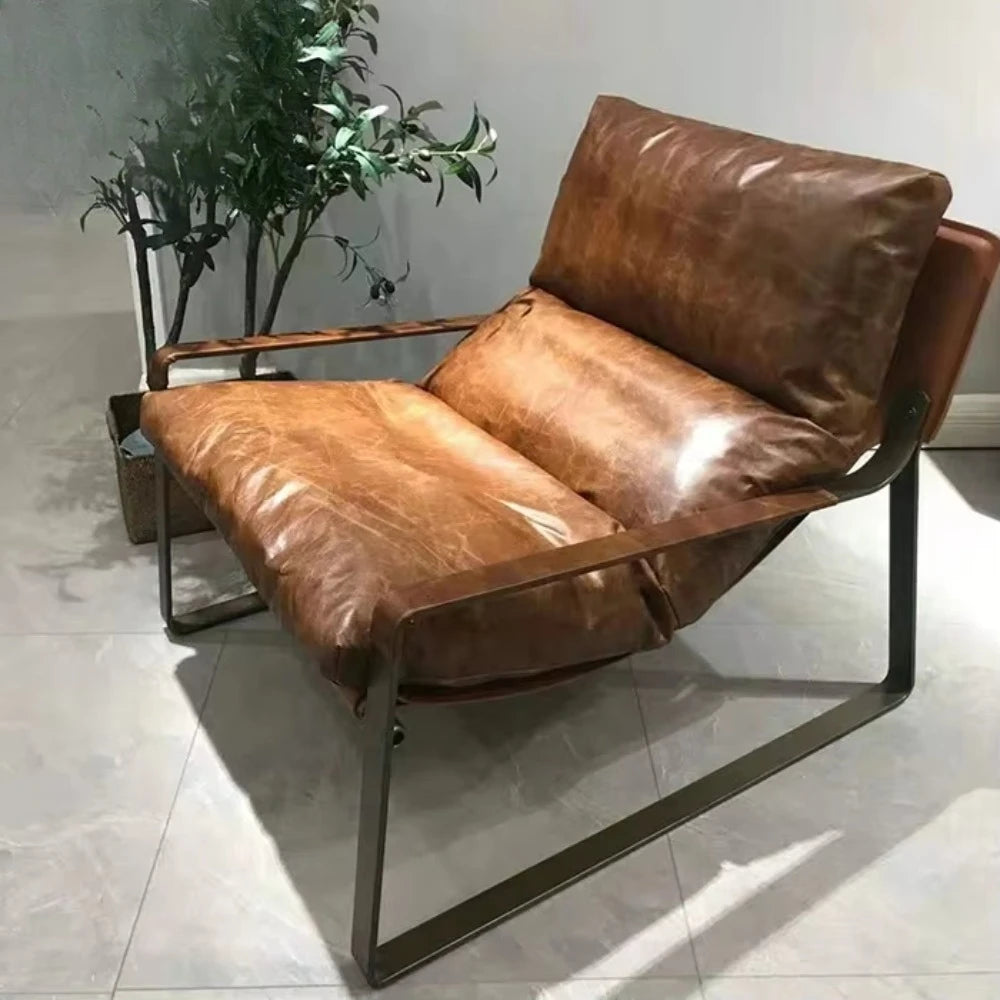 Vintage leather lounge armchair luxury comfortable living room chair metal iron frame tan leather lazy accent chair